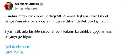 Bakan Şimşek: Bahçeli'nin ekonomi programımıza desteği kıymetlidir