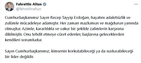 İletişim Başkanı Altun: Cumhurbaşkanımızı tehdit etmeye cüret edenler, başlarına geleceklerden kendileri sorumludur