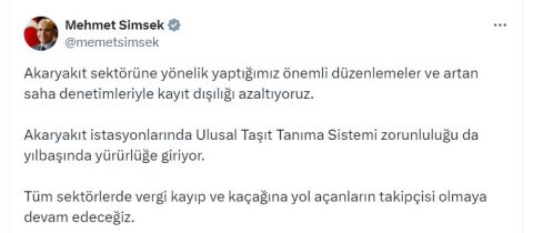 Bakan Şimşek: Ulusal Taşıt Tanıma Sistemi zorunluluğu yılbaşında yürürlüğe giriyor