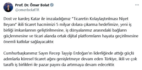 Bakan Bolat: Katar ile imzalanan 'Niyet Beyanı' önemli katkılar sağlayacak