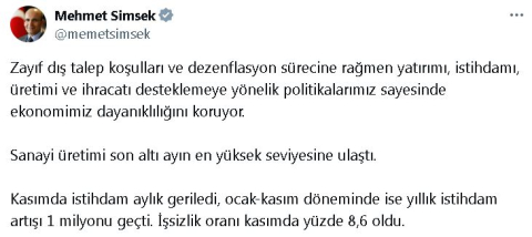 Bakan Şimşek: Politikalarımız sayesinde ekonomimiz dayanıklılığını koruyor